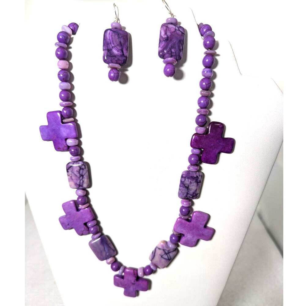 Purple dyed Puau shell crosses necklace +earrings SS =SP18-23" earrings 2"x5/8"
